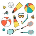 Beach sport icons - volleyball, diving, badminton and tennis. Vector colorful design.