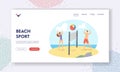 Beach Sport Landing Page Template. Young Couple Playing Volleyball on Sea Shore. Happy Family Characters Game at Ocean Royalty Free Stock Photo