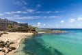 Beach in St. Ives with blue sky, Cornwall, England Royalty Free Stock Photo