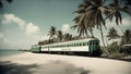beach state keys _A holiday train that journeys through a exotic island. The train is white and green,