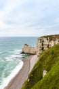 The beach and stone cliffs in Etretat, France