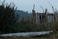 Beach structure made from driftwood with walls and a roof Royalty Free Stock Photo