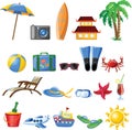 Beach stuff for summer travel set. Vacation accessories for sea holidays. Female items. Tourists objects bundle Royalty Free Stock Photo