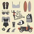 Beach style. Surfer girl retro vector set. Vintage surf elements