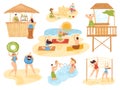 Beach summer activities set of isolated vector illustration, people on sea, fun and active sport, vacation beach Royalty Free Stock Photo