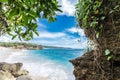 Beach summer with clouds, blue sky and palm tree. Beautiful tropical paradise for holiday and relax copy space