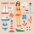 Beach Summer Flat Icons Set. Hand Drawn Vector Illustration Royalty Free Stock Photo