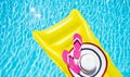 Beach summer holiday background. Inflatable air mattress, flip flops and hat on swimming pool. Yellow lilo and summertime Royalty Free Stock Photo
