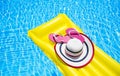 Beach summer holiday background. Inflatable air mattress, flip flops and hat on swimming pool. Yellow lilo and summertime Royalty Free Stock Photo