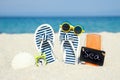 A Beach summer holiday banner background. Flip-flops and hat with a board and ball on the sand near the ocean. Summer accessories Royalty Free Stock Photo