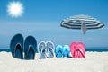 A Beach summer holiday banner background. Flip-flops and hat with a board and ball on the sand near the ocean. Summer accessories Royalty Free Stock Photo