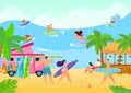 Beach summer ocean with people group, vector illustration. Cartoon vacation at sea, flat man woman character surfing Royalty Free Stock Photo