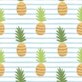 Beach summer pattern with pineapple Cute tropical fruit on blue lines seamless background. Fabric textile design Vector Royalty Free Stock Photo