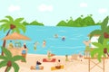 Beach summer sea people activity at vacation, vector illustration. Man woman character travel at leisure holiday