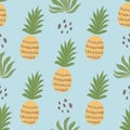 Beach summer seamless pattern with pineapple Cute tropical fruit on on blue background. Fabric textile design Vector Royalty Free Stock Photo