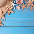 Beach summer starfish background blue wood decking tropical scene Royalty Free Stock Photo