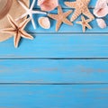 Beach summer starfish background old blue worn wood border Royalty Free Stock Photo