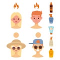 Beach summer suntan characters vector lifestyle people illustration human avatars cute man and woman degree of sunburn.