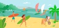 Beach for summer surfing, kite at sea, vector illustration, ocean water sport at board, extreme activity for man woman Royalty Free Stock Photo