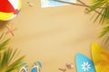 Beach in summer time surrounded with objects for fun. In the shade of palm trees Royalty Free Stock Photo
