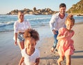 Beach, summer and travel with family running on sand in Mexico for vacation fun with kids. Happy mother and father bond Royalty Free Stock Photo