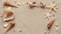 Beach summer vacation banner concept. Seashells and starfish lie on the sand, top view, flat lay, copy space Royalty Free Stock Photo