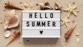 Beach summer vacation banner concept.Text board with the inscription HELLO SUMMER , seashells and starfish lie on the sand, top Royalty Free Stock Photo