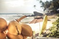 Beach summer vacation holidays background with coconuts palm trees surf board and sea as surfing lifestyle Royalty Free Stock Photo