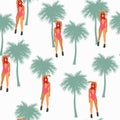 Beach summer vacation seamless pattern. Retro art deco poster. Flat illustration. Royalty Free Stock Photo