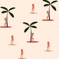 Beach summer vacation seamless pattern. Retro art deco poster. Flat illustration. Royalty Free Stock Photo