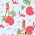 Beach summer vacation seamless pattern. Retro art deco poster. Flat illustration. Royalty Free Stock Photo