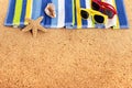 Beach sunbathing border background, sunglasses, copy space Royalty Free Stock Photo