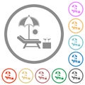 Beach sunbed umbrella cocktail flat icons with outlines
