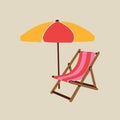 Beach sunbed with umbrella element in modern flat line style. Hand drawn vector illustration of summer, vacation, travel, trip, Royalty Free Stock Photo