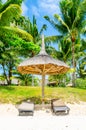 Beach sunbeds with straw parasol under the palm trees. Romantic summer holiday and relax. Tranquil and calm scene in