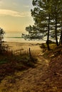 Beach fence. Beach sunrise. Beach Sand Dunes Access Path. Path in the sand that goes to the ocean Royalty Free Stock Photo