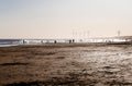 Necochea, Argentina.  The beach at sunset with people silhouetted by the backlight of sunlight. Royalty Free Stock Photo