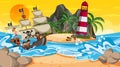 Beach at sunset time scene with pirate kids cartoon character on the ship