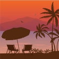 Beach sunset two chair palm tree and umbrella silhouette