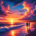 A beach at sunset with waves gently caressing the shore, a couple walks along the water edge, vibrant hues in sky, anime art