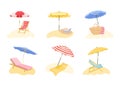 Beach sunshade. Deck chair and sun protection umbrella for summer resort vacation on beach vector illustration set