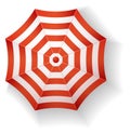 Beach sunshade. Red striped pattern parasol top view