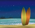 Beach with surf boards at night. vector Royalty Free Stock Photo