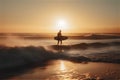 Beach surfer: A candid shot of young surfer walking with her board on a sandy beach .generative ai