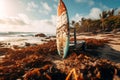 Tropical Beach with Surfers Board. AI Generated Royalty Free Stock Photo