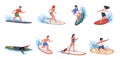 Beach surfers. Happy young athletes dissect waves with boards, summer beach extreme sea sport, active people surf ocean Royalty Free Stock Photo