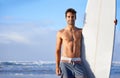 Beach, surfing and portrait of happy man with surfboard for, waves on summer vacation, weekend and holiday. Travel Royalty Free Stock Photo