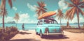 beach summer car travel road vacation retro tropical vintage trip. Generative AI. Royalty Free Stock Photo