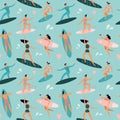 Beach surfing. Surfers with surfboards, surfer rides wave and summer outdoors surfboards seamless vector pattern