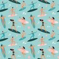 Beach surfing. Surfers with surfboards, surfer rides wave and summer outdoors surfboards seamless vector pattern illustration Royalty Free Stock Photo